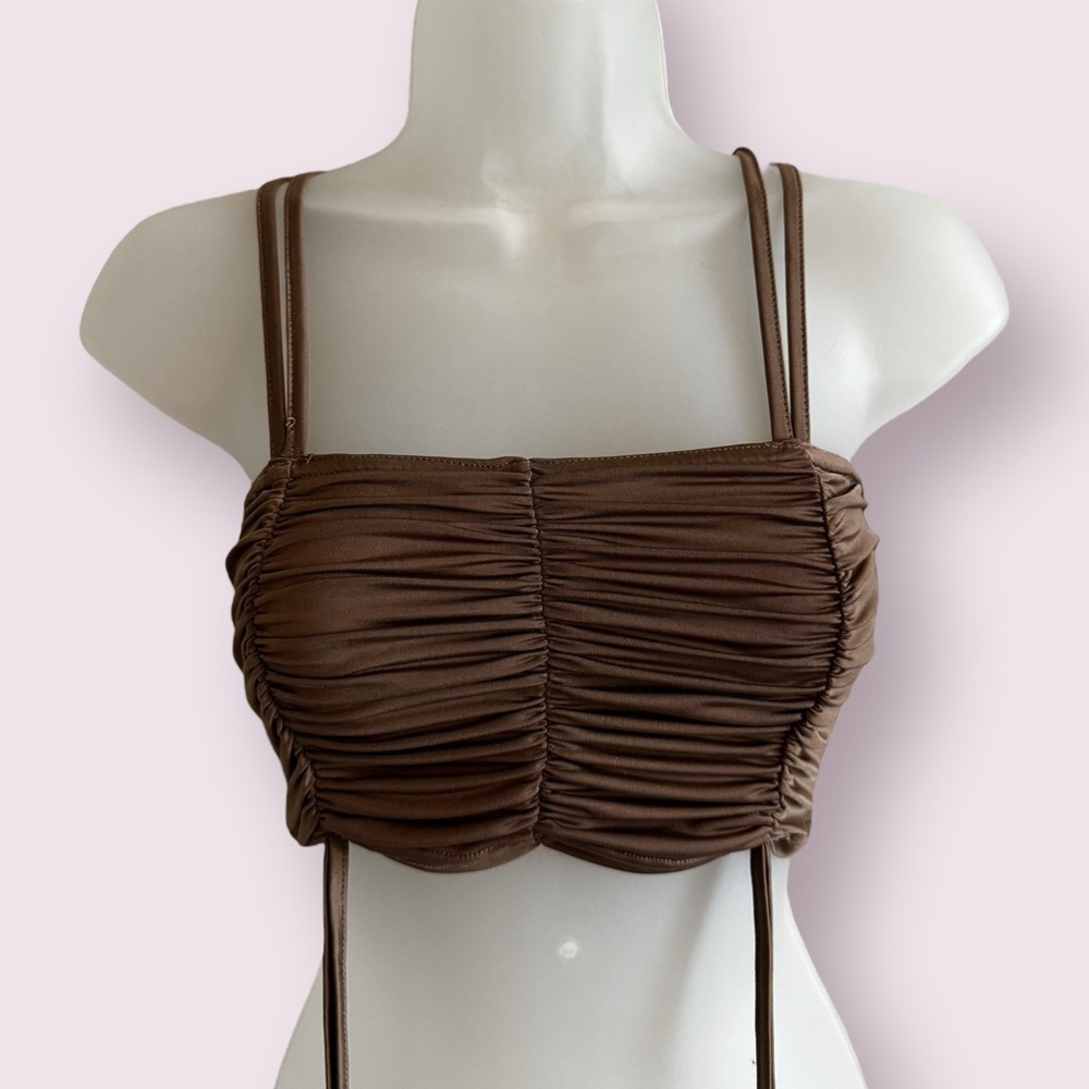 PrettyLittleThing Brown Ruched Crop Top Strappy Tube Style Size 2